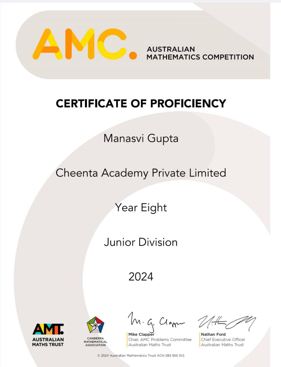 Manasvi Gupta — AMC Certificate of Proficiency 2024