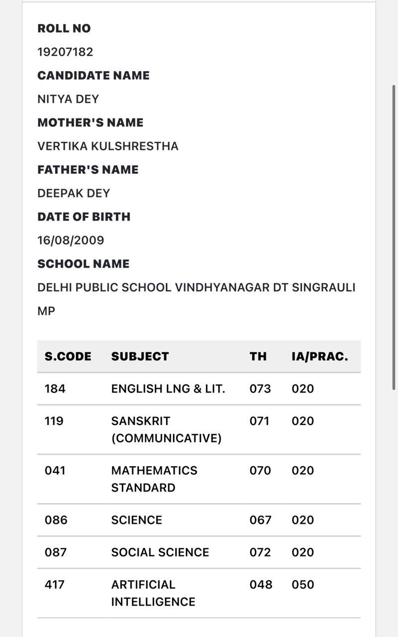 Nitya Dey — CBSE Class X Official Marksheet