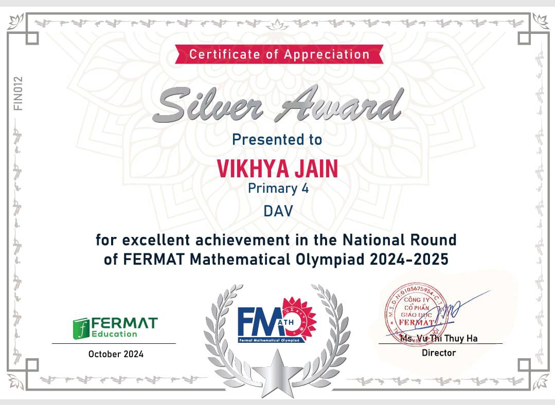 Vikhya Jain — FERMAT Mathematical Olympiad Silver Award 2024